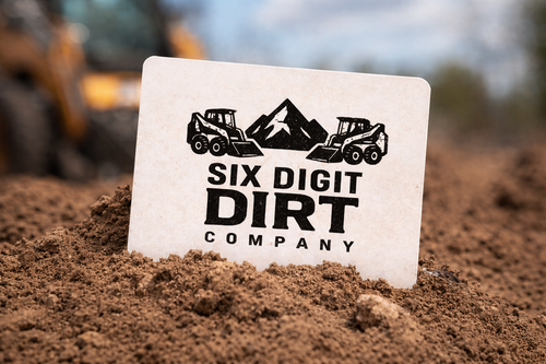 Six Digit Dirt Company sign in the dirt with construction equipment in the background
